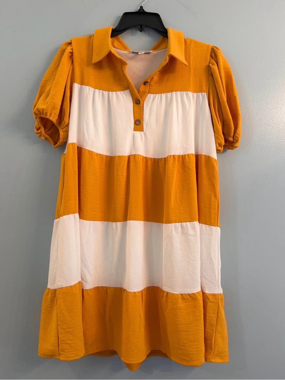 She + Sky Mustard Yellow and White Striped Puff Sleeve Dress
